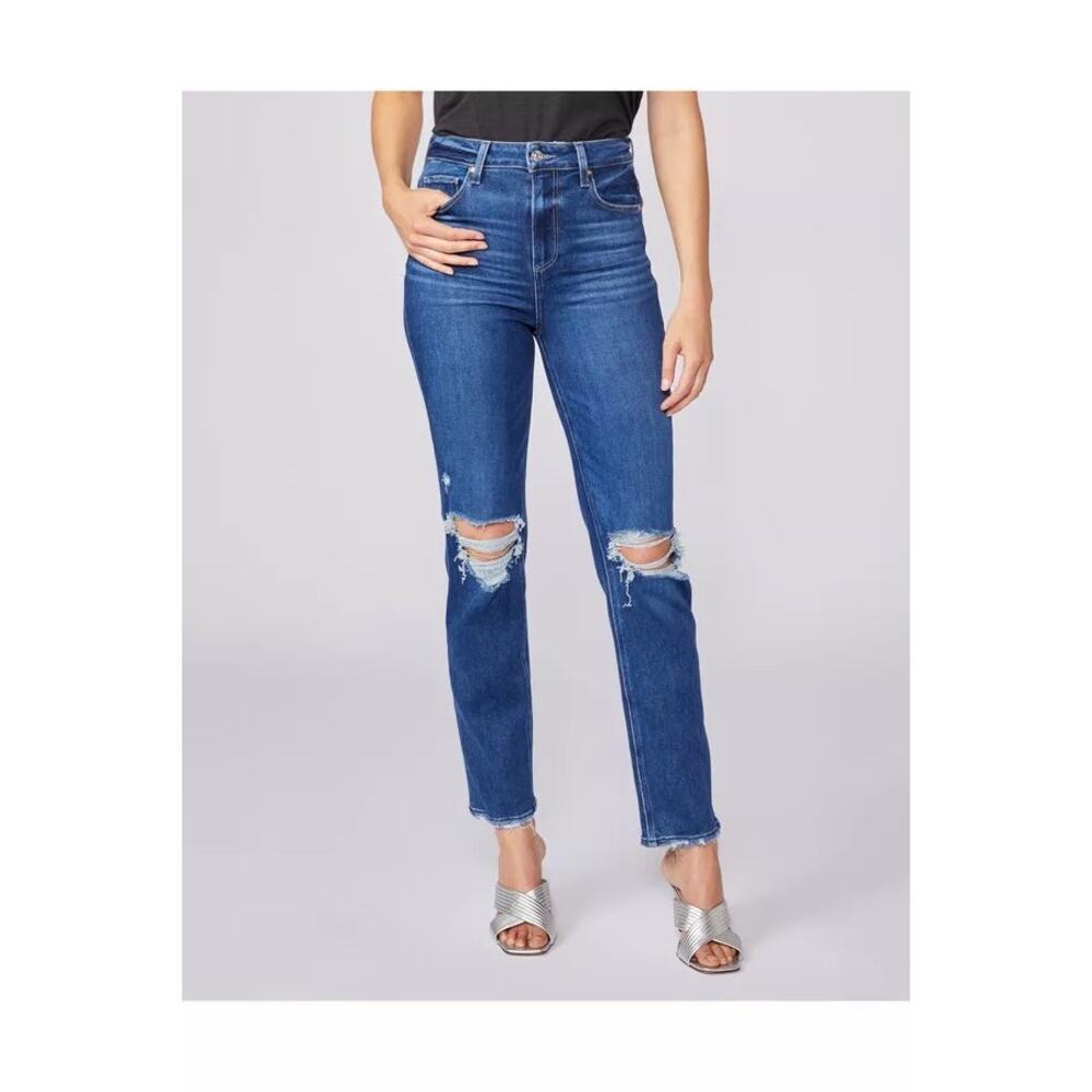 PAIGE Stella High Rise Modern Straight Leg Jeans Soleil Destructed Sz 32/14 $239